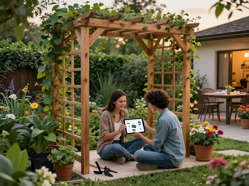 Couple using a pergola 3D planner in a garden setting for outdoor design.