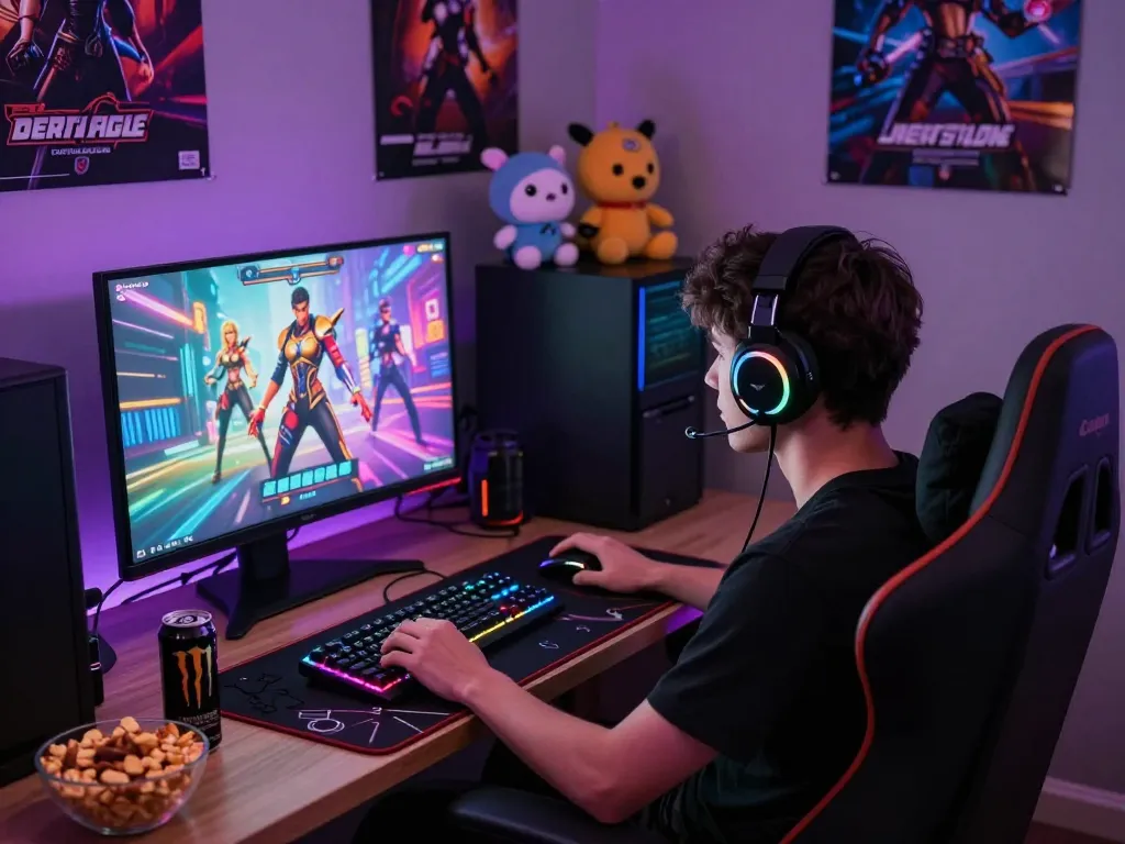 Gaming setup depicting a player immersed in a porn game with vibrant graphics and interactive elements, showcasing accessories and a cozy atmosphere.