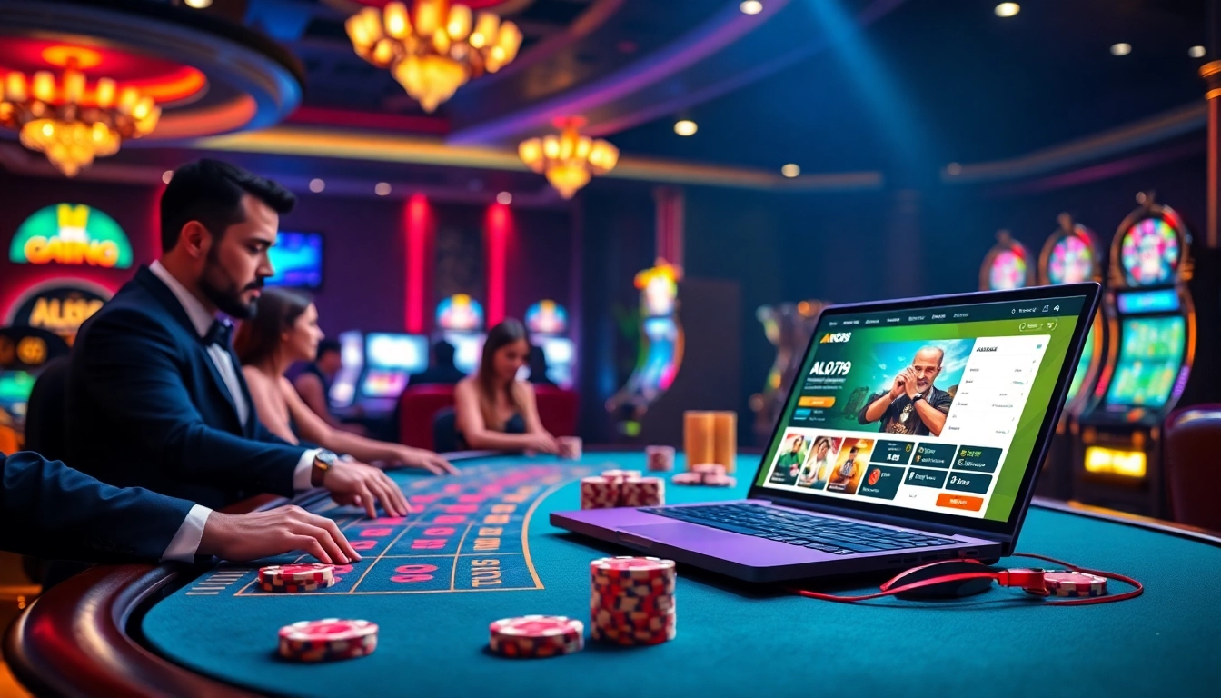 A thrilling gambling experience at ALO789 link trang chủ chính thức with vibrant casino tables and engaging online playing visuals.