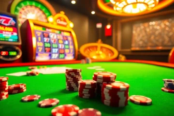 Gambling enthusiasts experiencing the thrill of TG88 at a luxurious casino table with vibrant chips and cards.