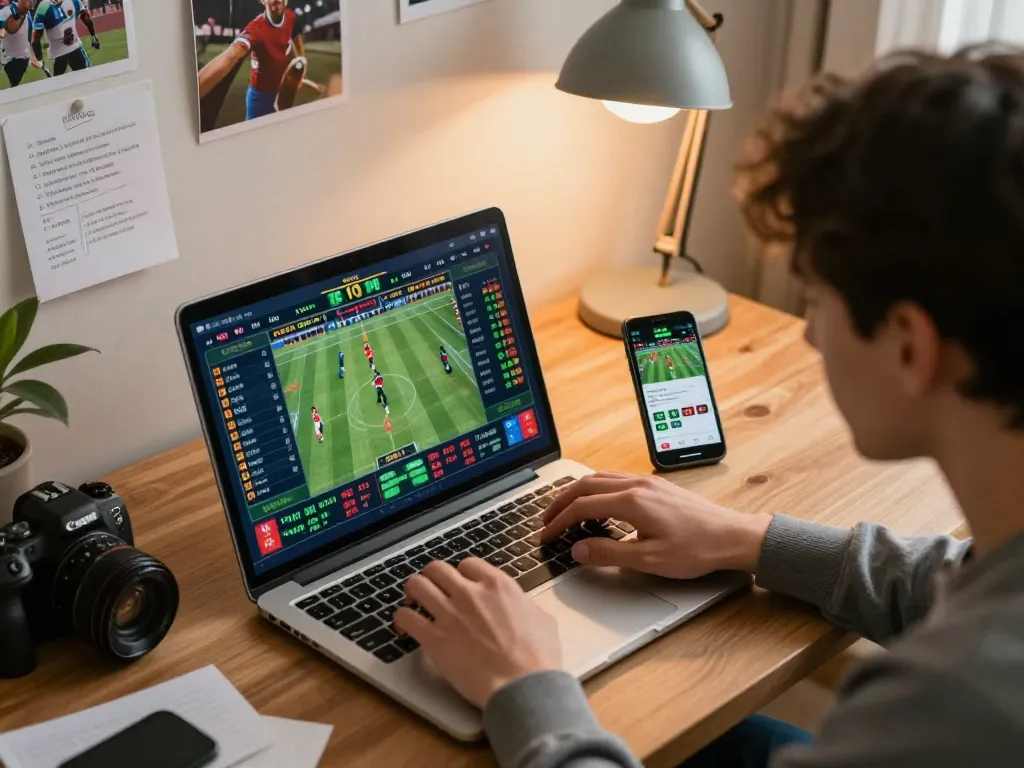 Exciting sports betting action at Nhà cái SHBET, displaying odds and analysis on the laptop.