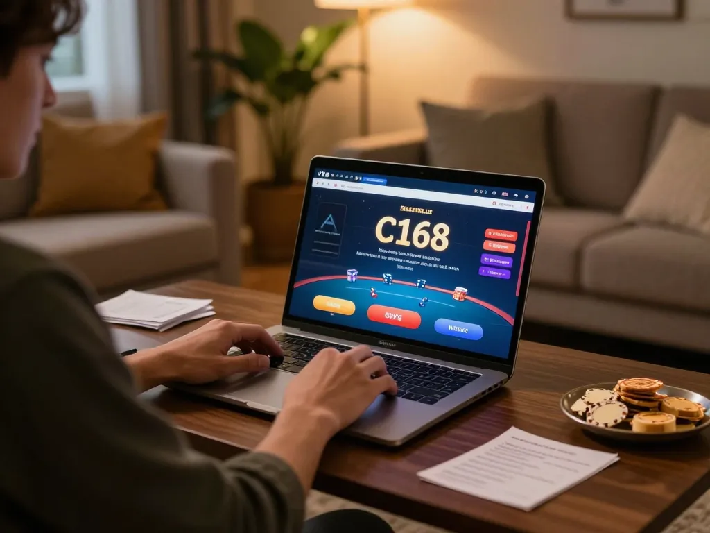 C168 poker gameplay on a laptop in a cozy home setting, showcasing responsible gambling.