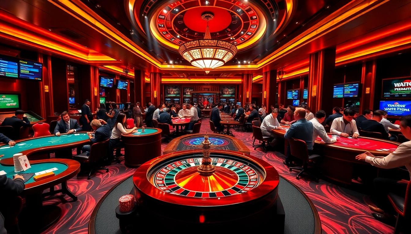 Action-packed scene at nhà cái win55 casino featuring players at poker tables and roulette wheels.