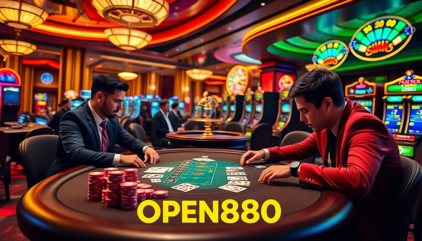 Exciting casino scene showcasing players engaged in high-stakes poker at OPEN888.
