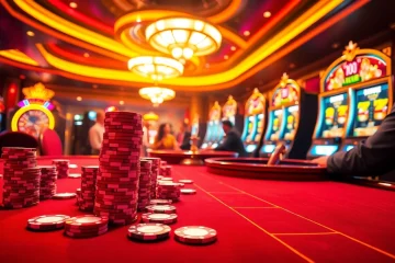 Engaging poker players strategizing their moves at a kuwin02-themed casino table surrounded by colorful gaming elements.