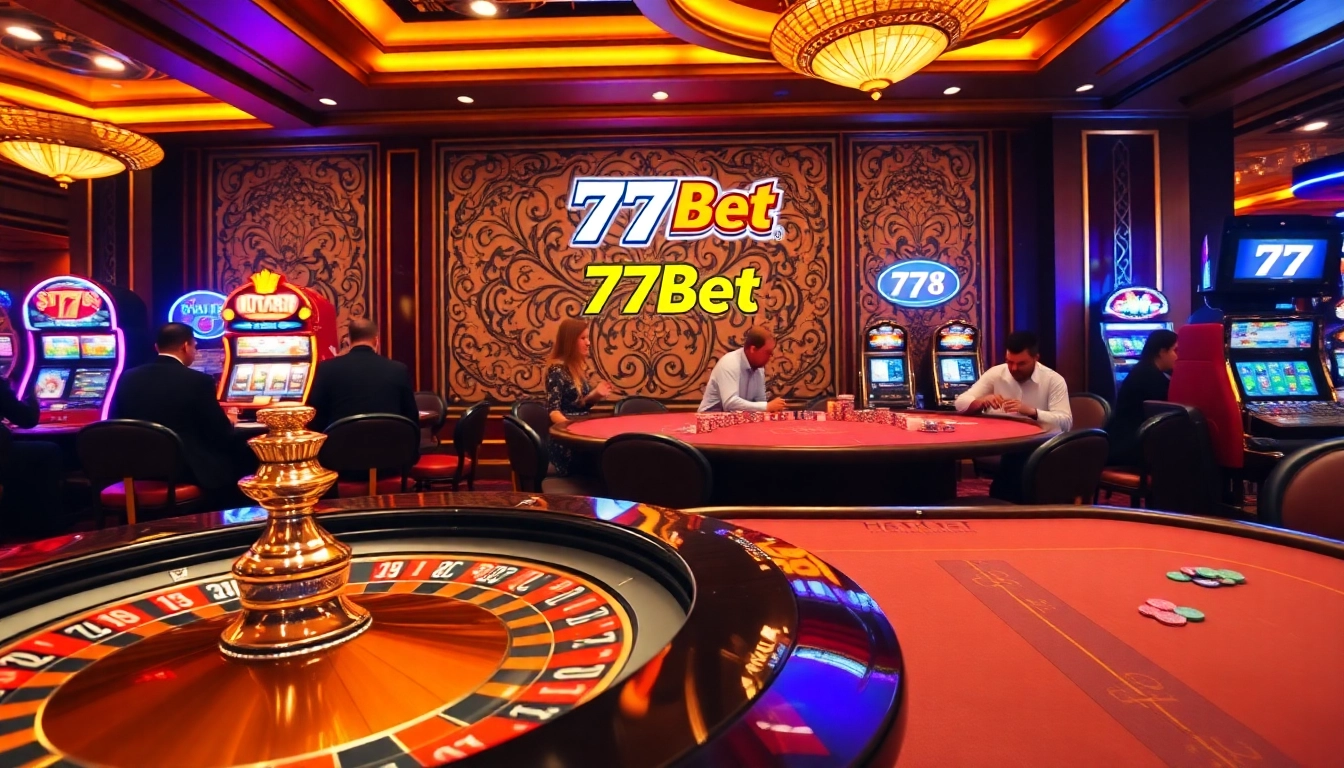 Gamblers play at a luxurious casino featuring 77Bet's vibrant logo and a roulette wheel.