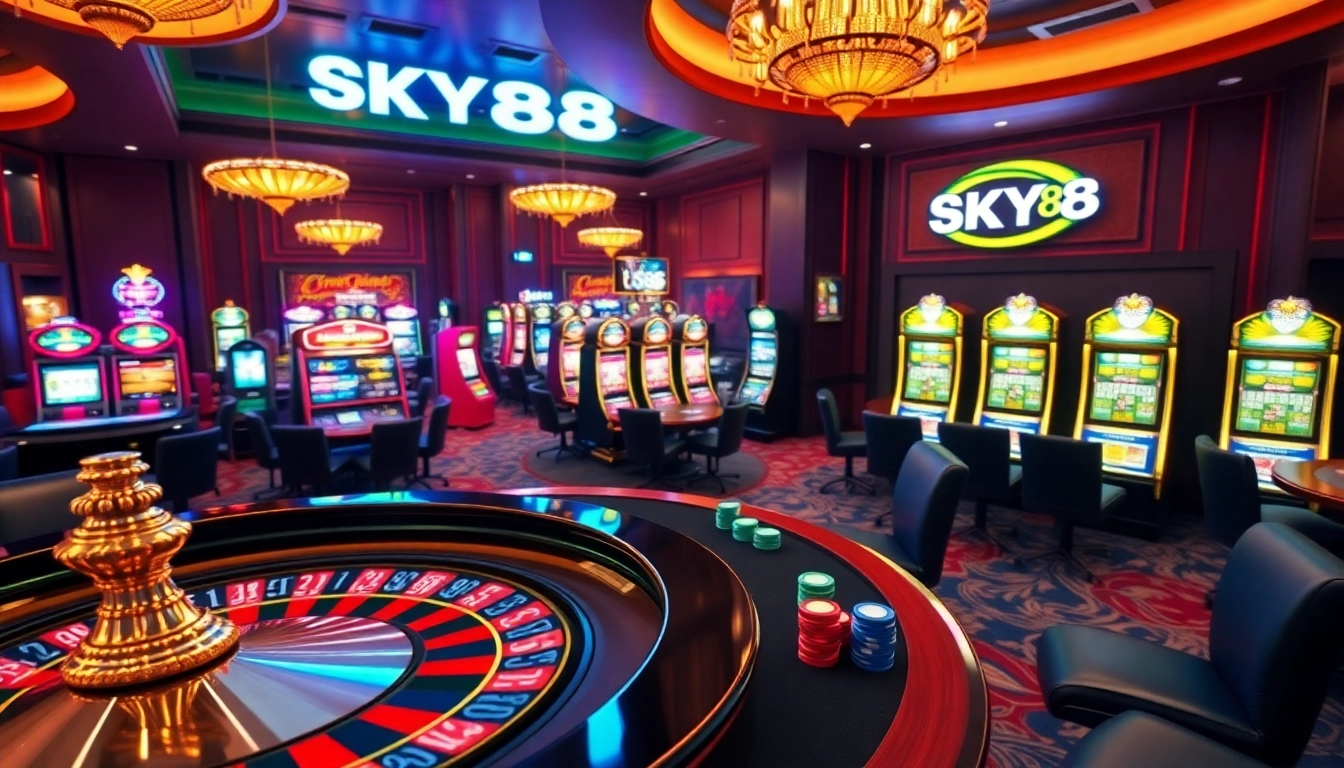 Experience the excitement of SKY88 with vibrant casino games including roulette and poker chips.