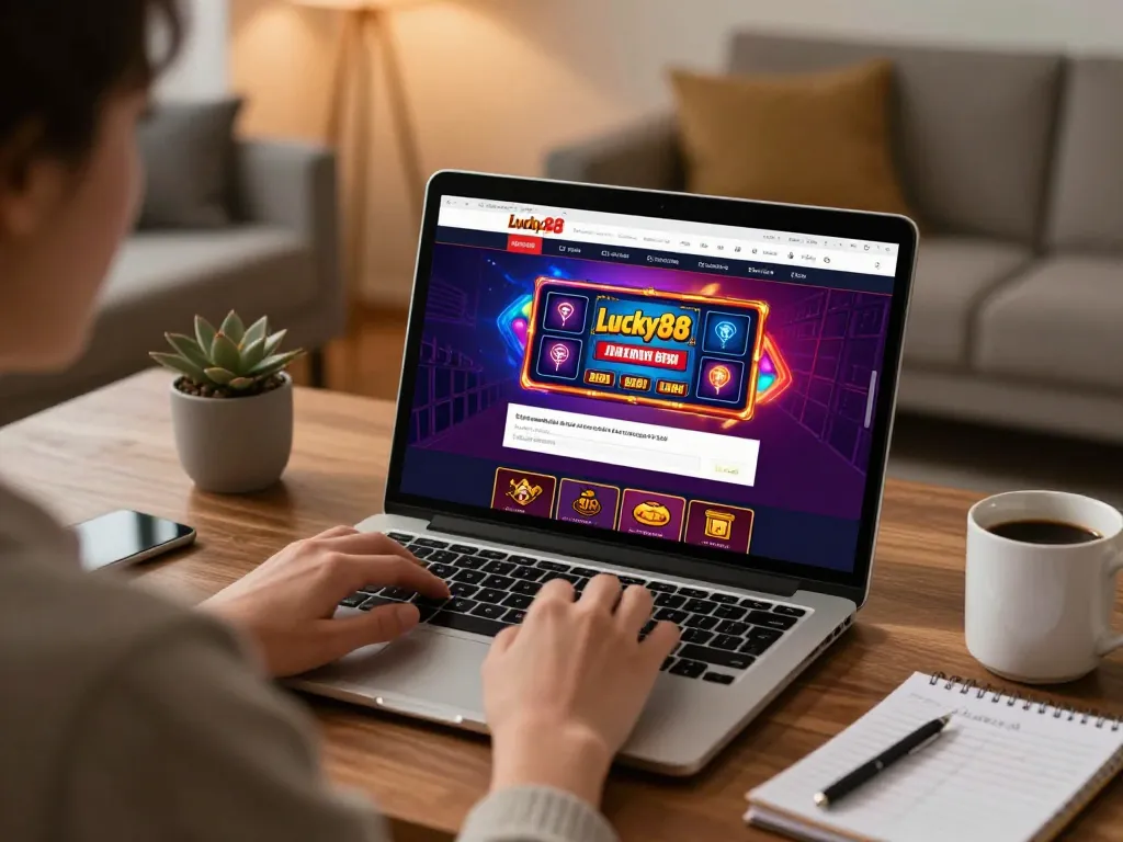 Engaging with Lucky88 online casino platform in a stylish home setting for dynamic gameplay.