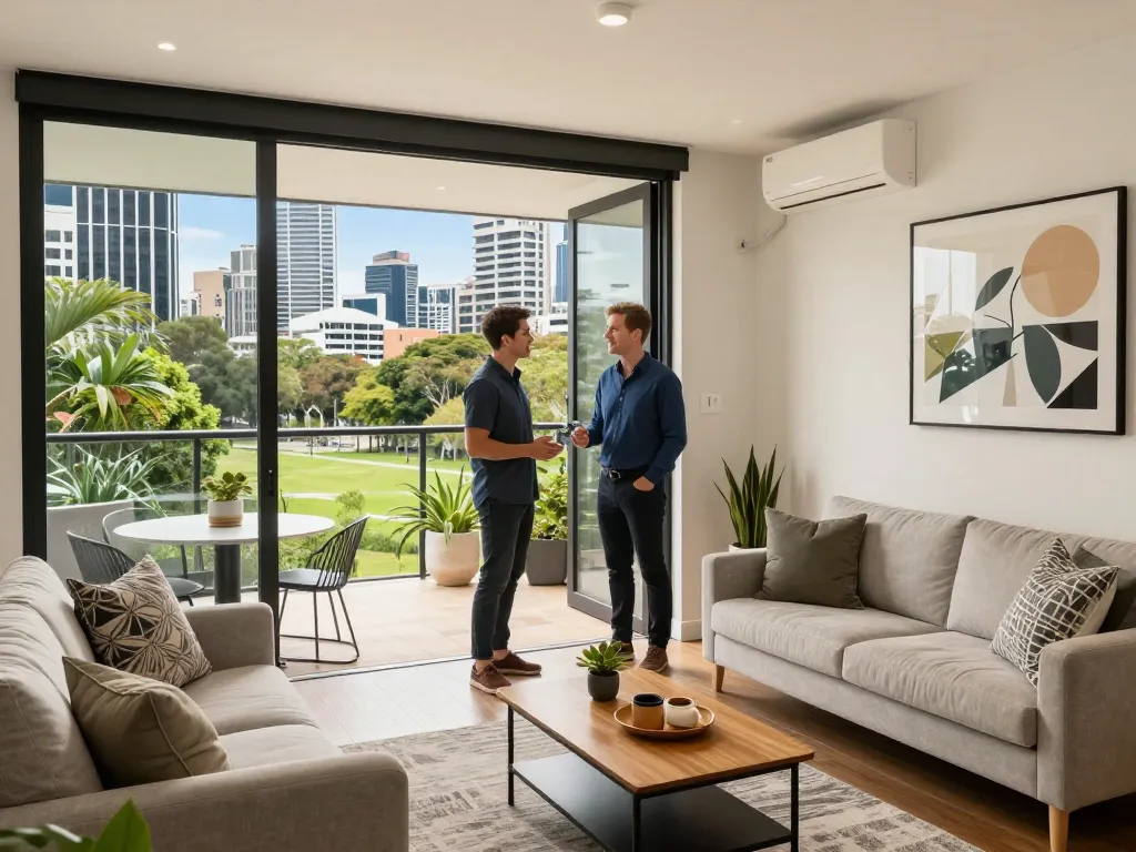 airbnb management brisbane, welcoming host in stylish apartment setting.