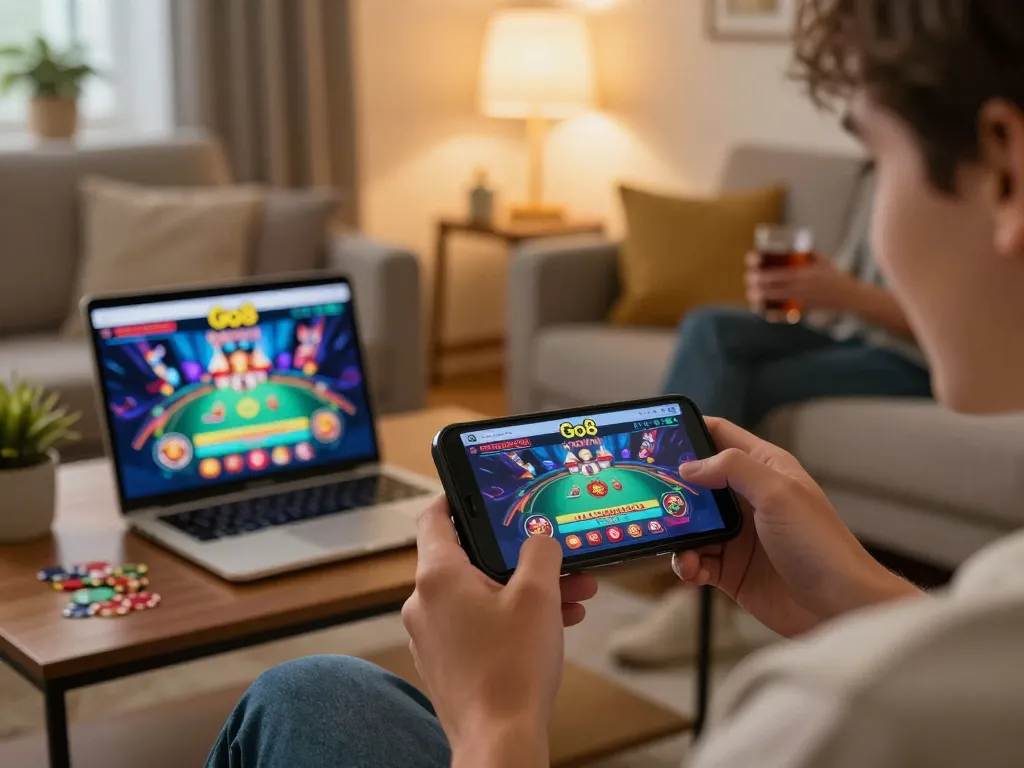Player engaging with the Go8 com casino app, showcasing a vibrant online gaming experience at home.