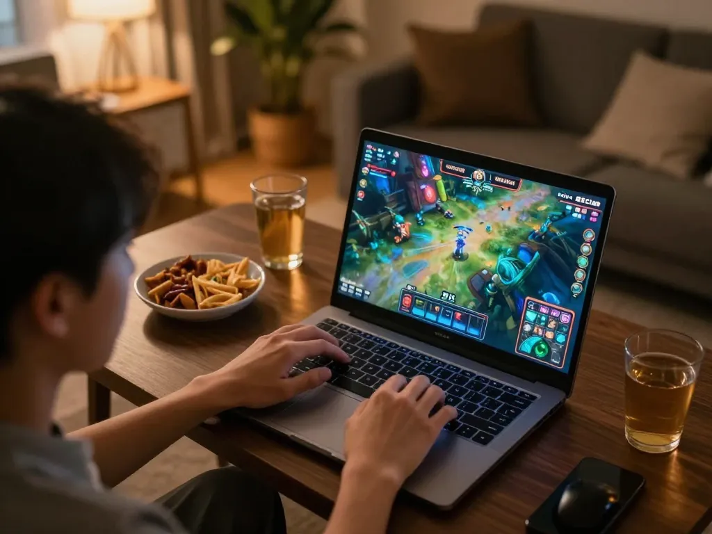 Engaging in gameplay at Cổng game B52Club with a laptop displaying vibrant graphics in a cozy setting