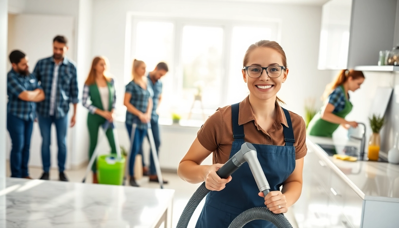 Cleaning services near me with a professional team efficiently cleaning a bright home.