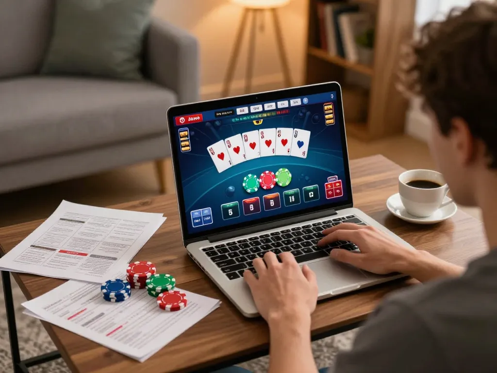 Engaging online casino gameplay at home on dh88a, showcasing poker strategy and cozy environment.