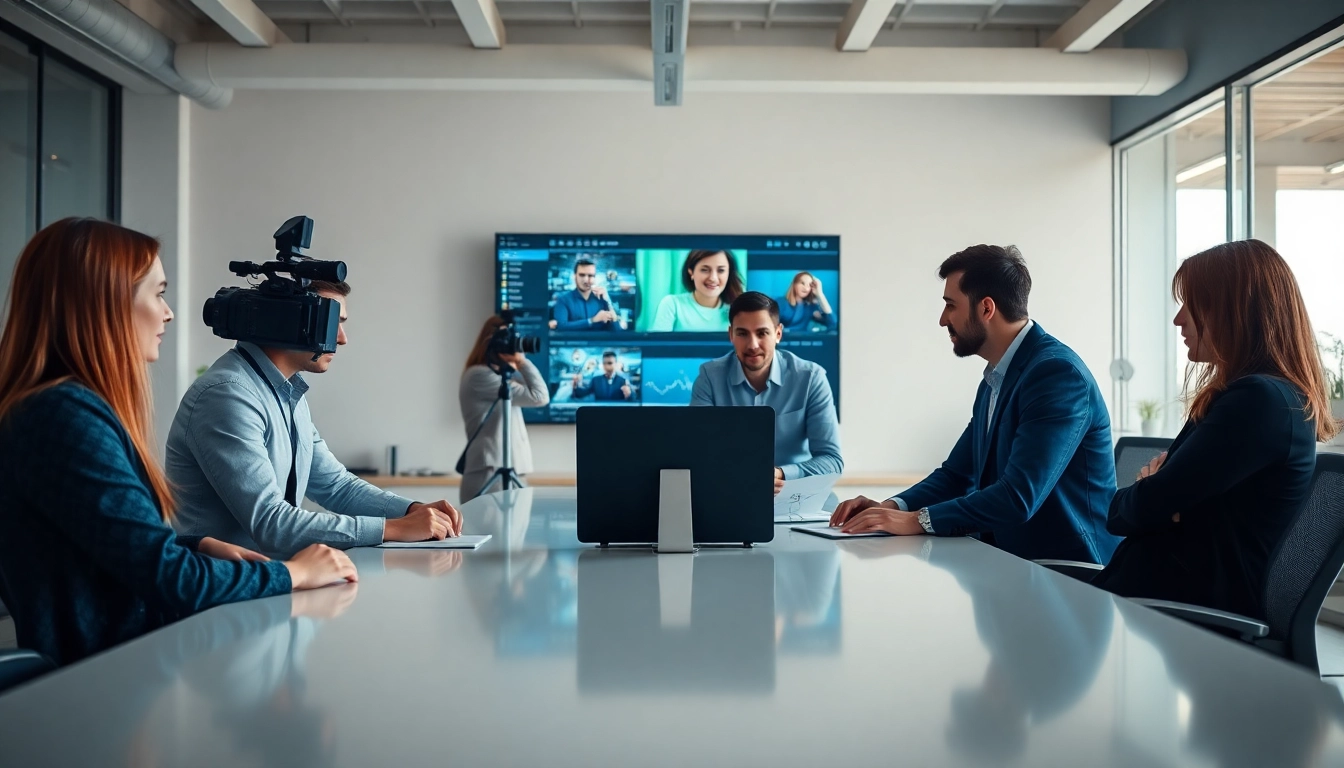 Engaging corporate video production team collaborating in a modern office environment.