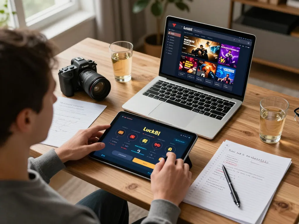 Engaging with luck8l on a tablet for online gaming in a cozy home office.