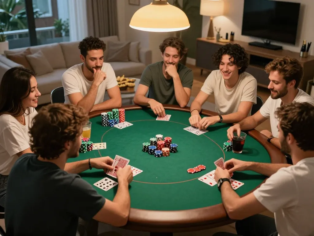 Players enjoying a thrilling poker night at home, highlighting the excitement of gambling with rik vip.