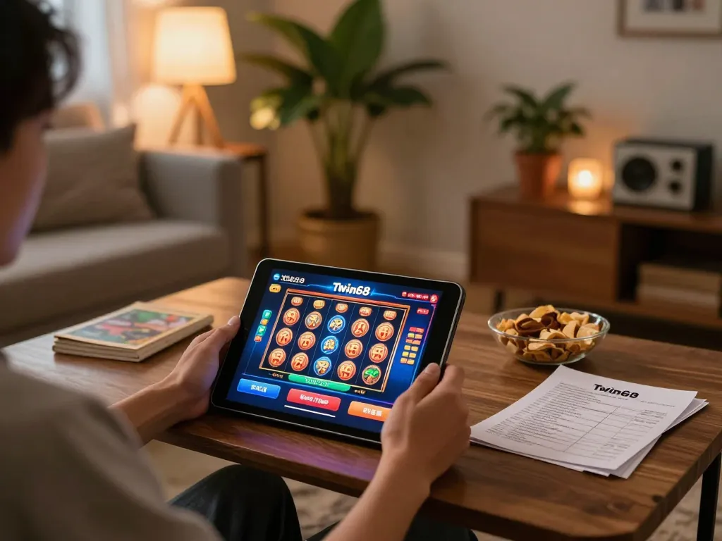 Twin68 user enjoying online slots on a tablet, cozy home setting with strategic notes.