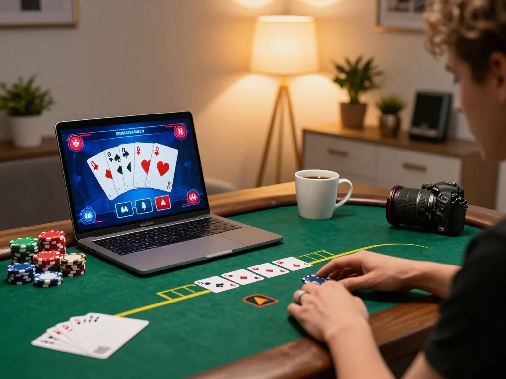 GG88 player enjoys an online poker game on a laptop, creating a thrilling home gaming experience.