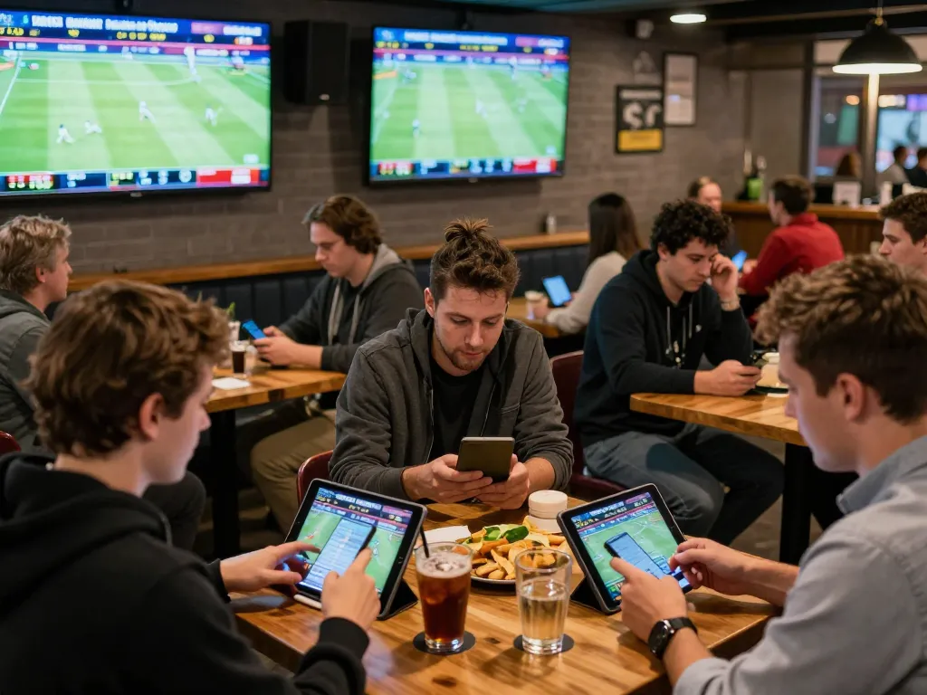 Excited bettors strategizing their wagers on qq88 sports apps in a lively atmosphere