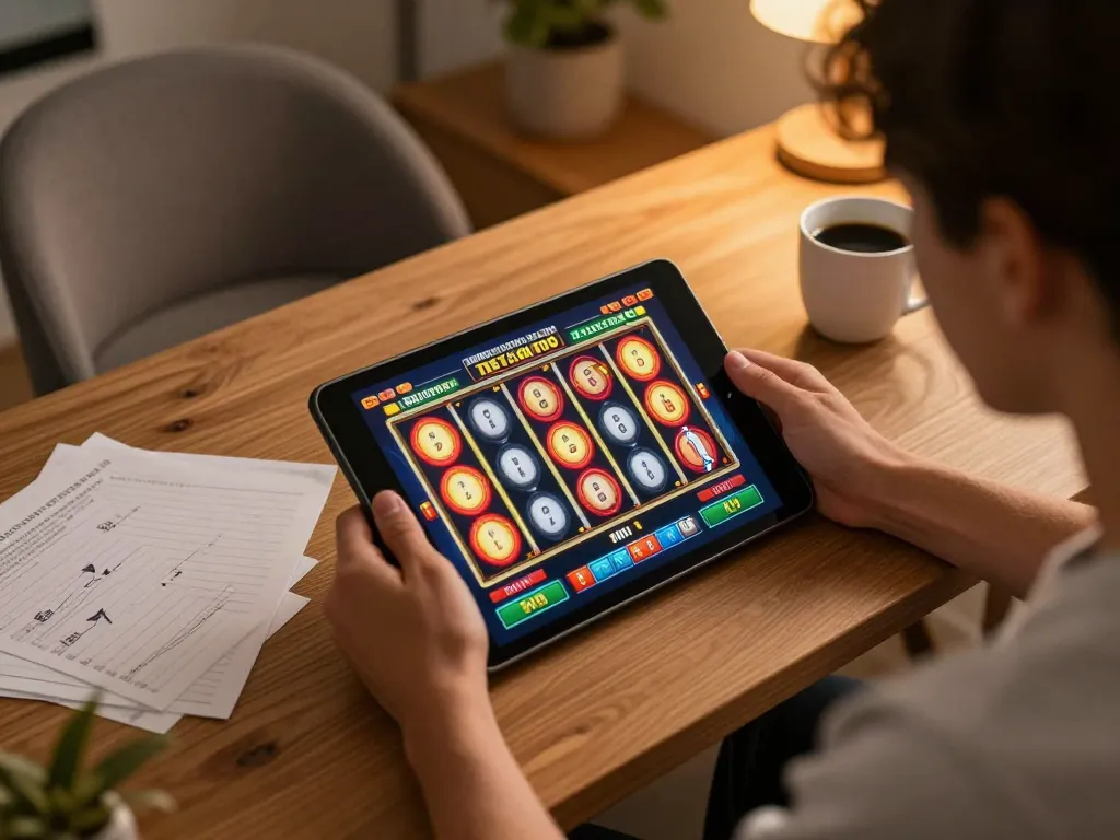Engaging slot gaming session in Malaysia showing vibrant reels and strategic setup, highlighting relaxed online gambling.