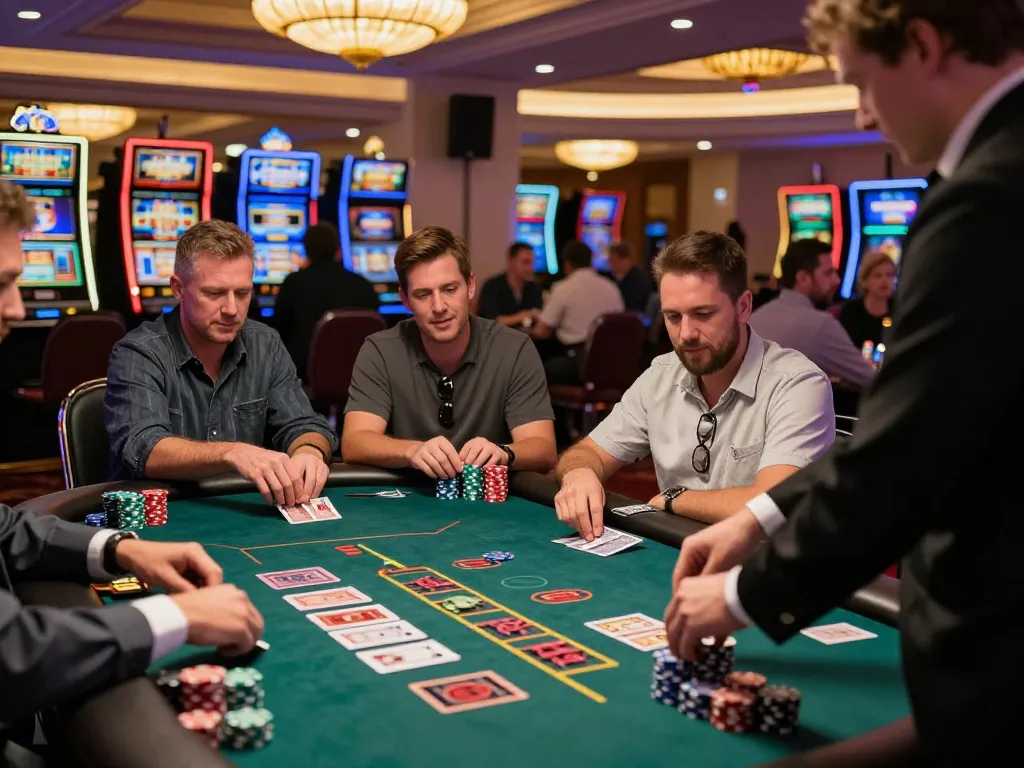 Engaging blackjack action at dacsandatphanrang com casino with focused players and a professional dealer.