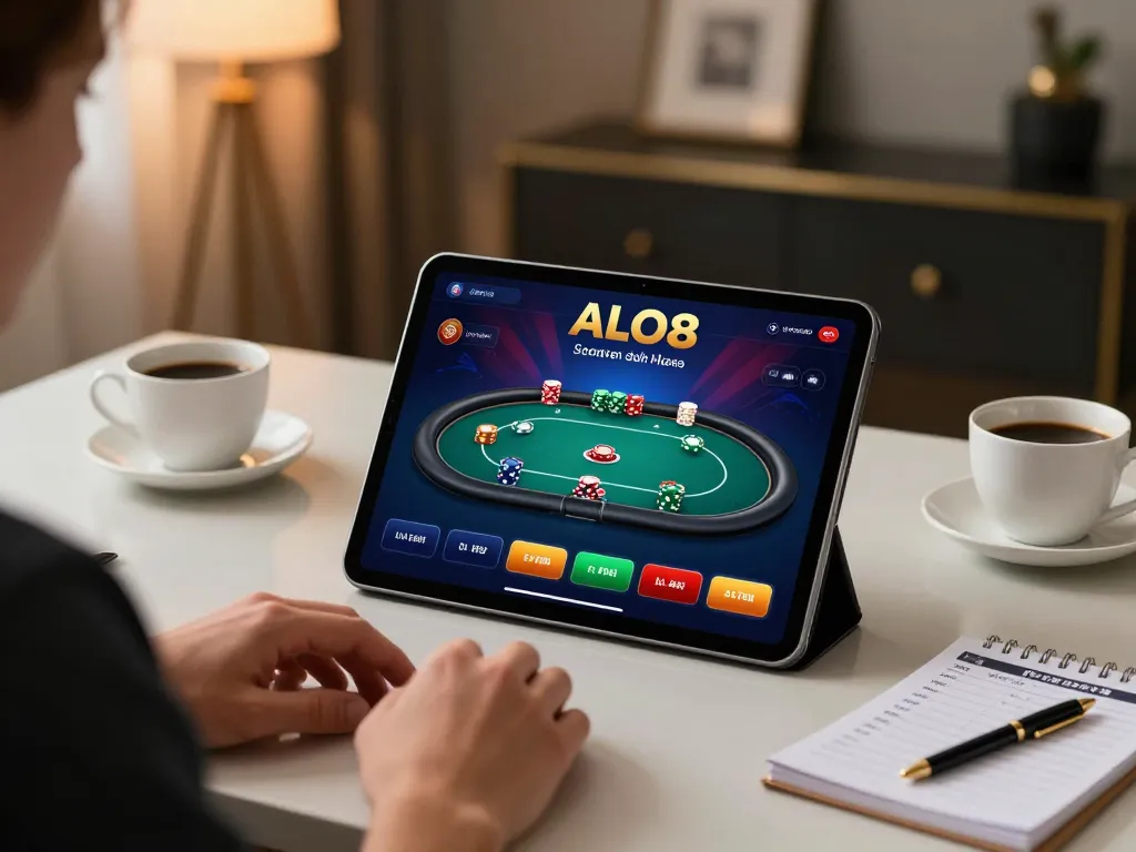Player strategizing their next move on ALO8's online poker app in a cozy home office.