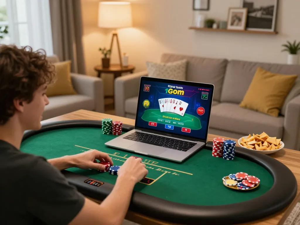 Engaging with live dealer poker on 1gom at home, showcasing excitement and comfort of online gambling.