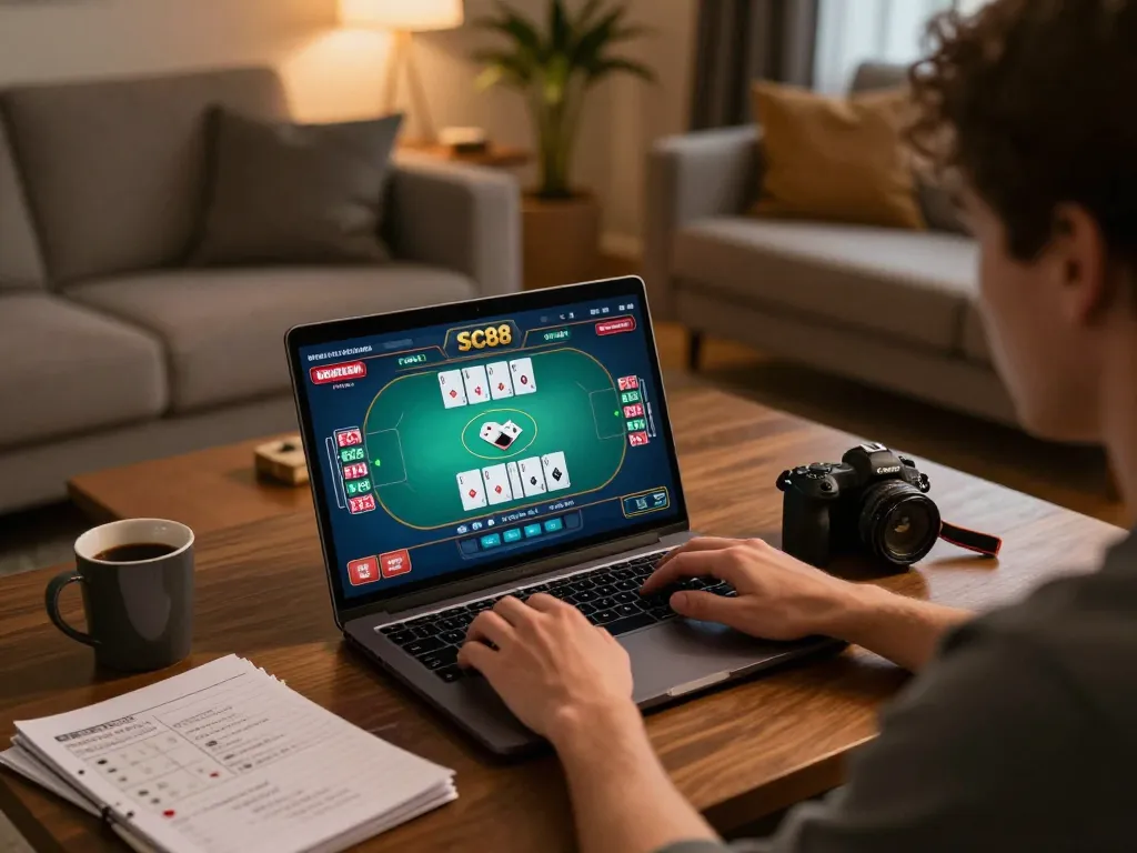 Experience thrilling online poker gameplay at SC88, with a focused player and dynamic screen action.