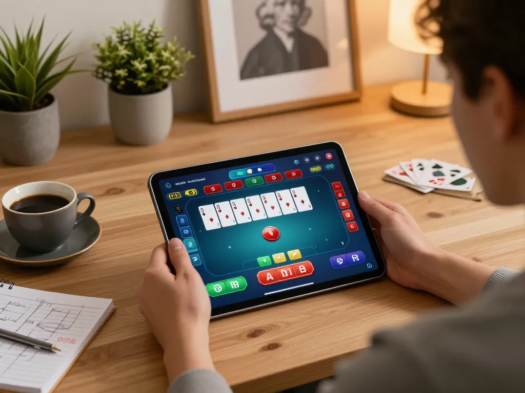 Engaged player utilizing BL555 for online poker gameplay on tablet, showcasing card hands and betting strategy.