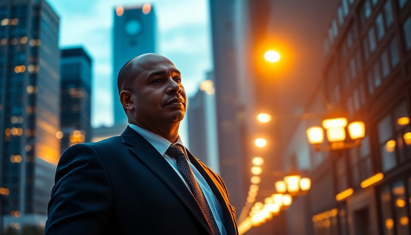 A personal security guard stands confidently in an urban landscape, showcasing professionalism and vigilance.