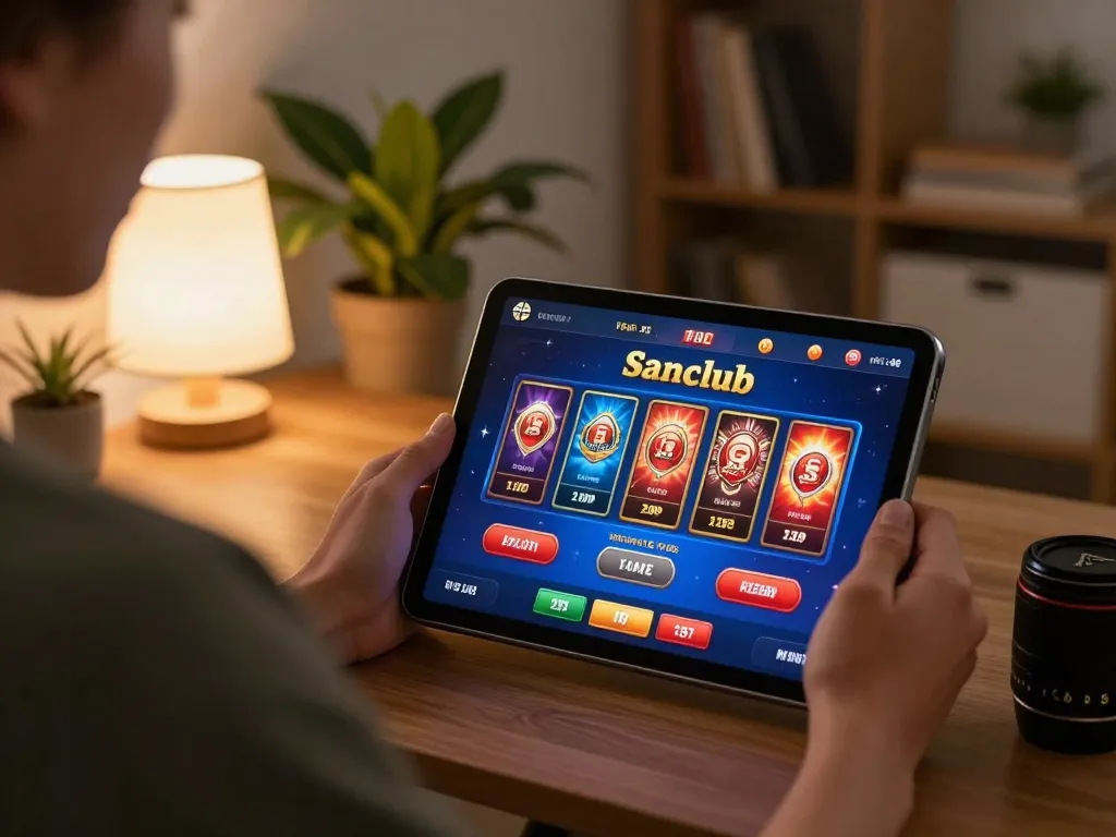 Engaging gameplay on Sanclub app showing poker and slot options in cozy home setting
