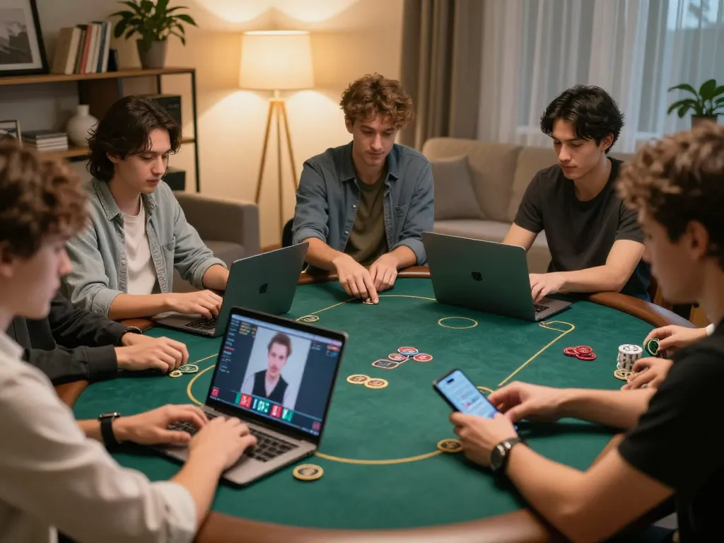 Kuwin players enjoying online poker from cozy home setup, showcasing dynamic gameplay and interaction.
