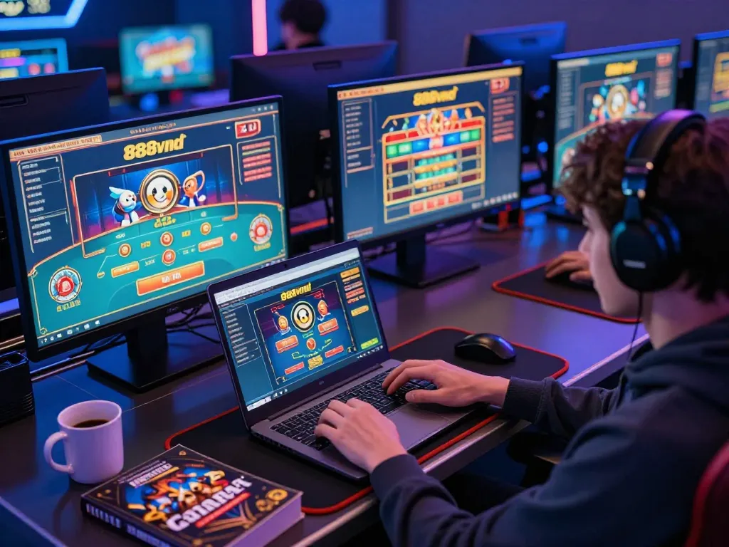 Person playing online casino games on 888vnd platform, showcasing a dynamic gaming environment