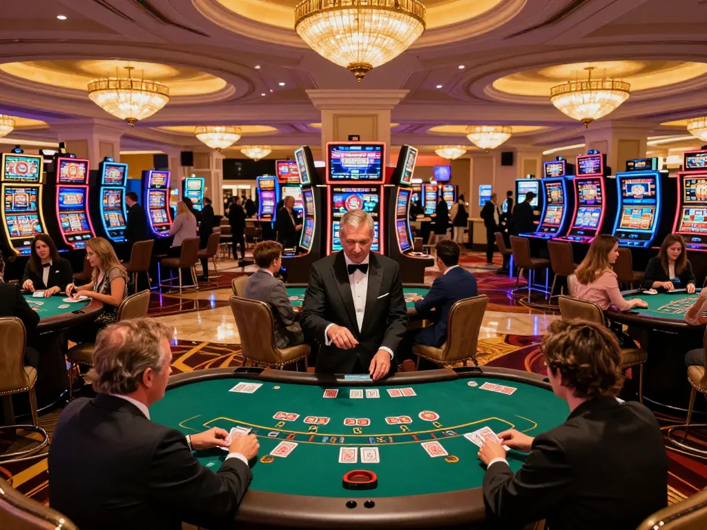 Players strategizing at a 7m blackjack table in a luxurious Las Vegas casino.