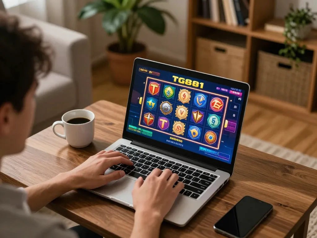Player engages in online casino gaming on TG88, showcasing an exciting slot game interface in a cozy home setting