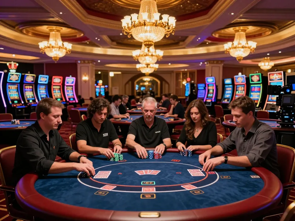 Players engage in thrilling poker games at 98win9, showcasing dynamic casino action and luxury.