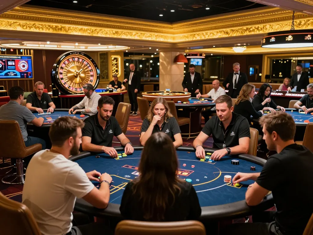 players at keonhacai poker tables making strategic bets in an upscale casino environment