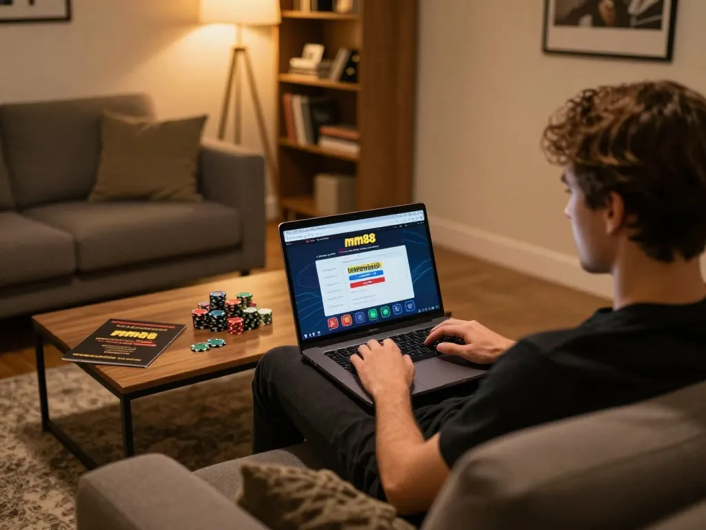 Player engaged with mm88 online casino on laptop in cozy home setting