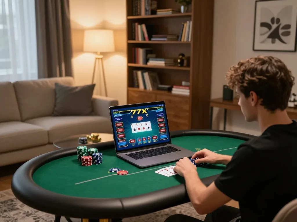 A player engaging with 777x poker game on their laptop, creating a cozy online gaming atmosphere.