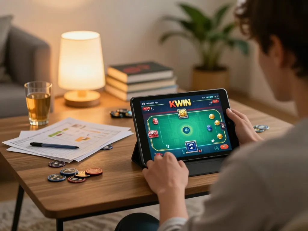 KWIN player enjoying an online poker game on a tablet in a cozy living room.