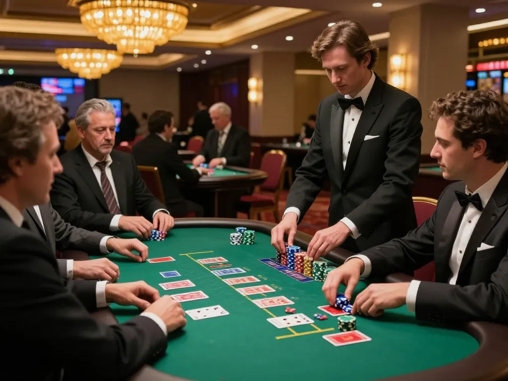 79win blackjack table in an upscale casino with players making strategic bets.