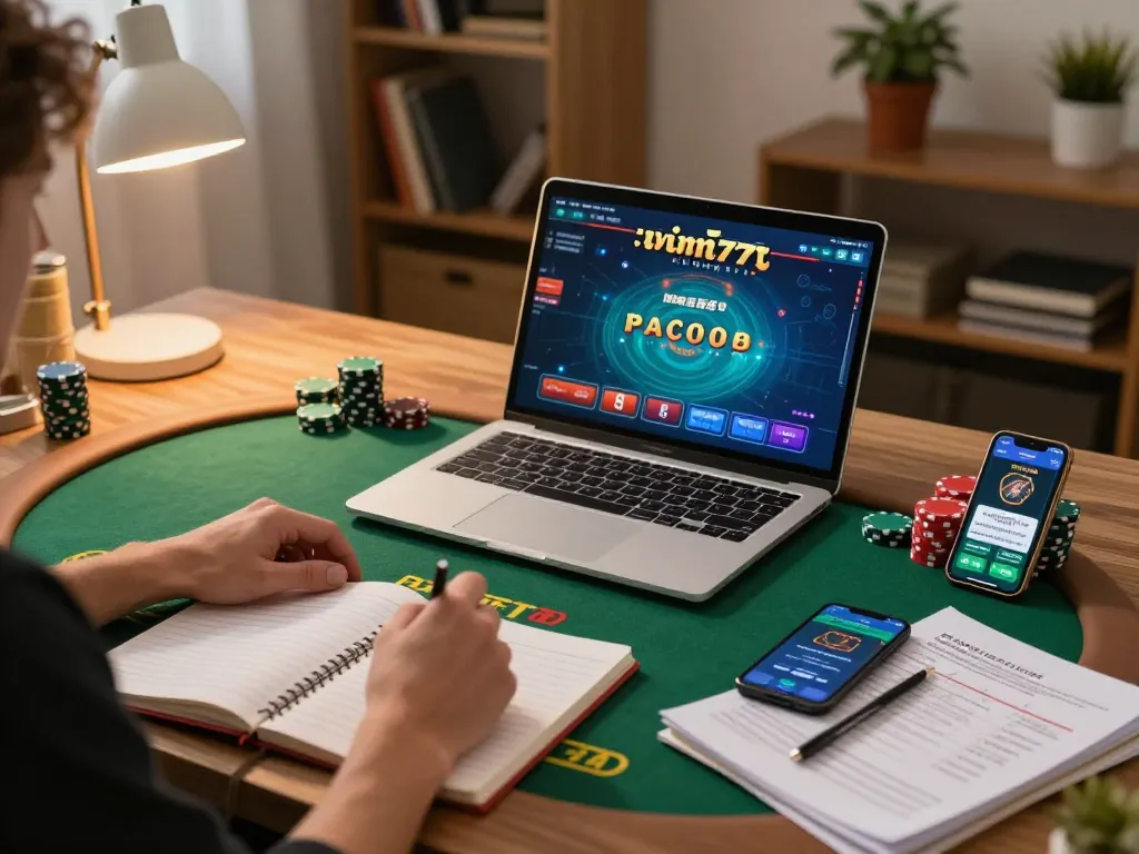 Player engaging in online poker at vin777, showcasing strategic betting in a cozy home setup.