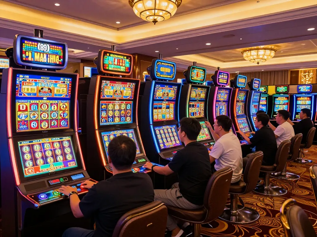 Players enjoying vibrant slot machines at 789wincom casino, celebrating wins in a lively atmosphere.