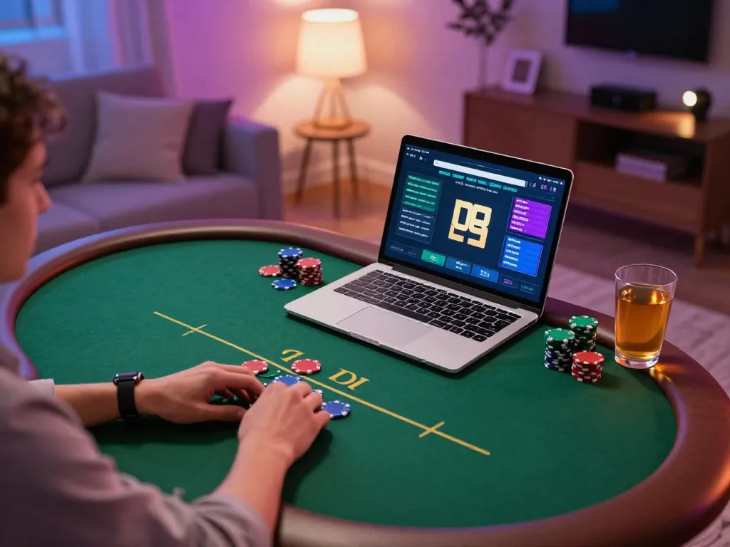 Engaging in online poker gaming at Trang chủ 789Club with an elegant home setup and ambient lighting.