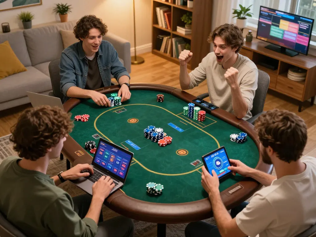 go8 online players engaged in a thrilling poker game with vibrant digital chips and cozy home surroundings.