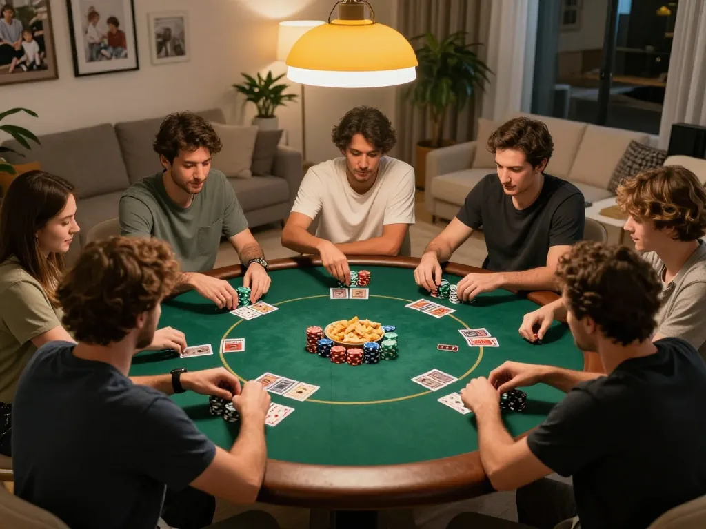 Players enjoying a home poker game, showcasing Keonhacai5 strategies and gameplay dynamics.