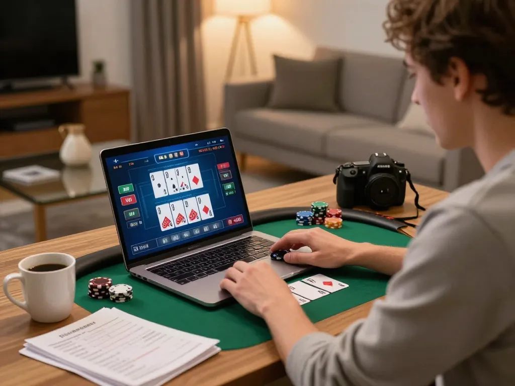 Engaging player at home using 789bet7a for online poker, emphasizing strategic gameplay.