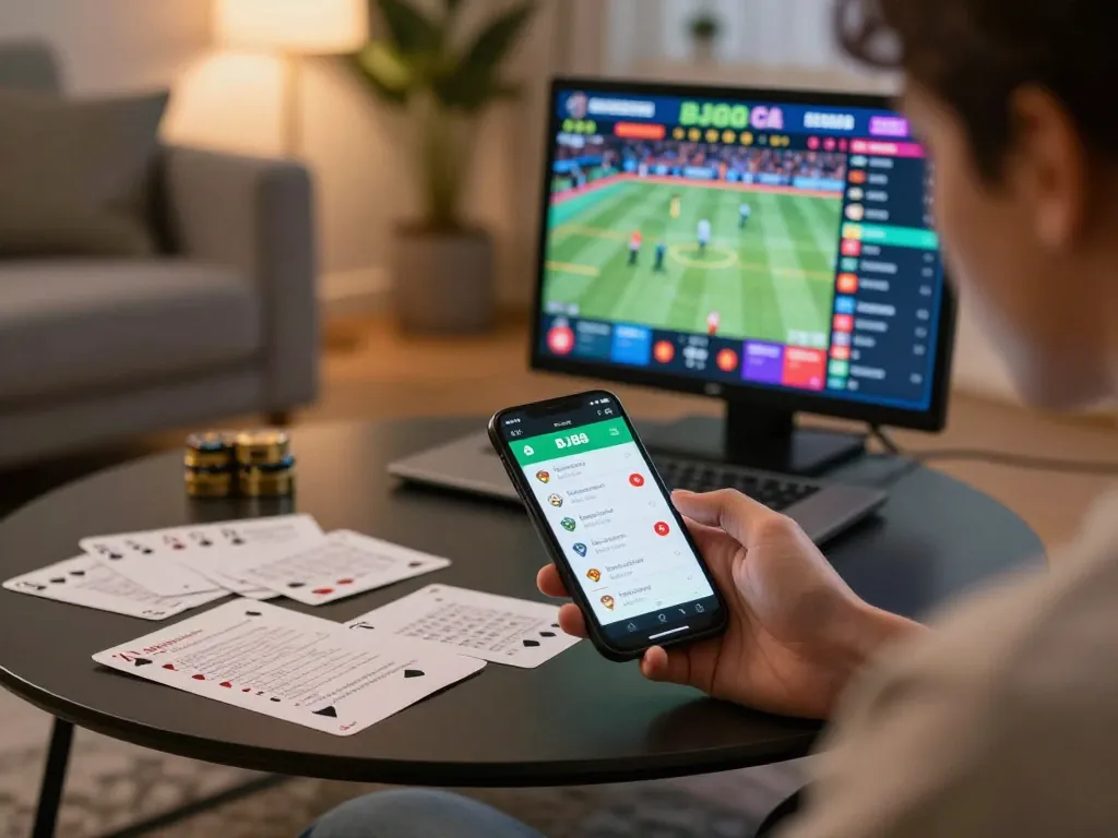 Engaging with the BJ88 app for dynamic sports betting in a modern living room setting.