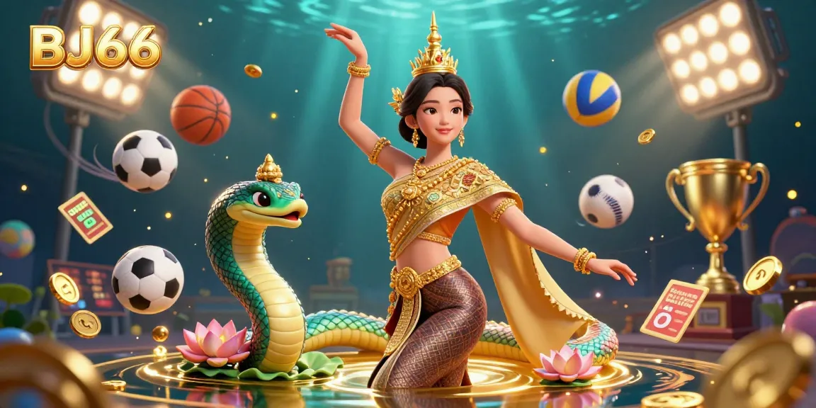 Join the excitement at BJ66 with a vibrant 3D illustration of casino gaming elements, featuring a Thai dancer amidst dynamic sports and betting visuals.