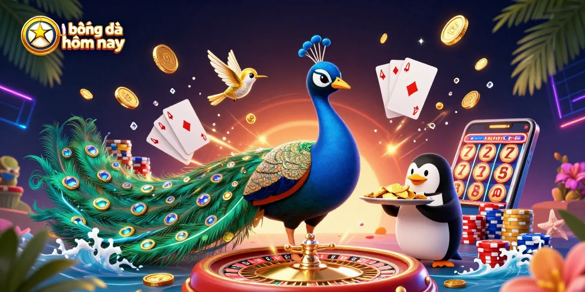 Engage in kèo bóng đá hôm nay with a dazzling 3D illustration of a peacock, a butler penguin, and a hummingbird.